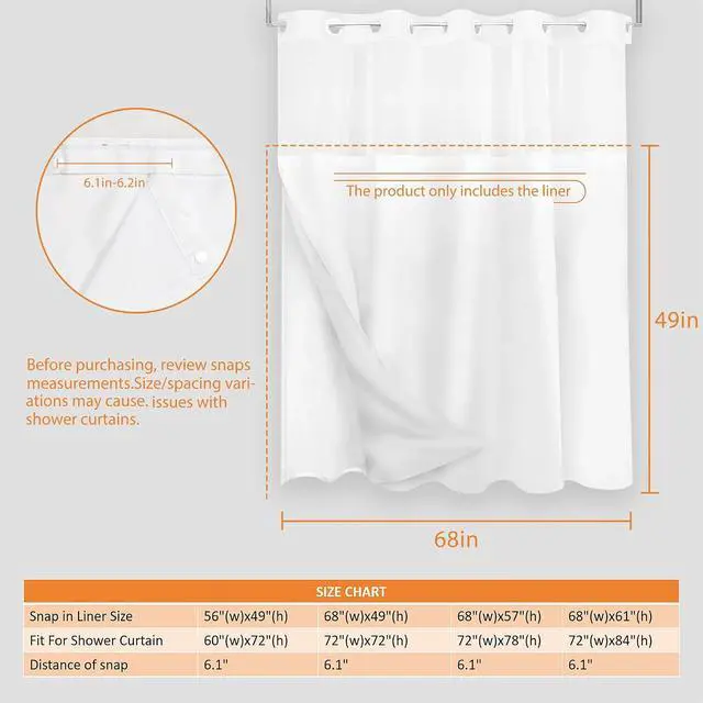 Alt view image 2 of 7 - Tititex Fabric Snap-in Replacement Shower Curtain Liner 68x49 Inch Waterproof Removable with Magnets (Fits 71x71 Inch Bath Curtain), White