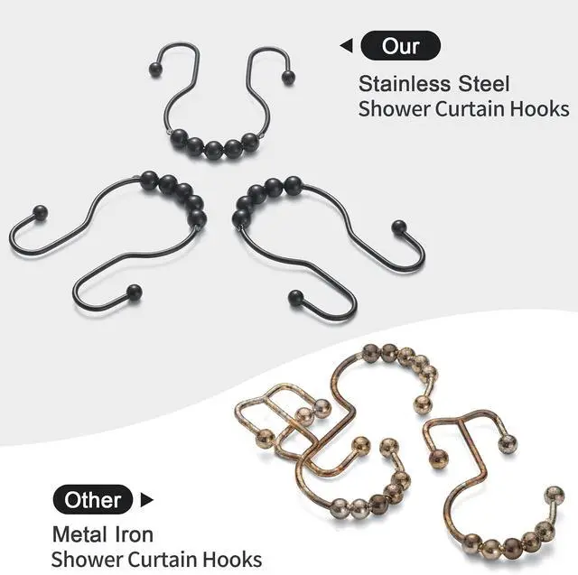 Alt view image 3 of 7 - Goowin Shower Curtain Hooks, 12 Pcs Shower Curtain Rings, Stainless Steel Black Shower Curtain Hooks, Shower Curtain Rings Rust Proof, Smooth Sliding Anti-Drop Double Shower Rings for Curtain (Black)