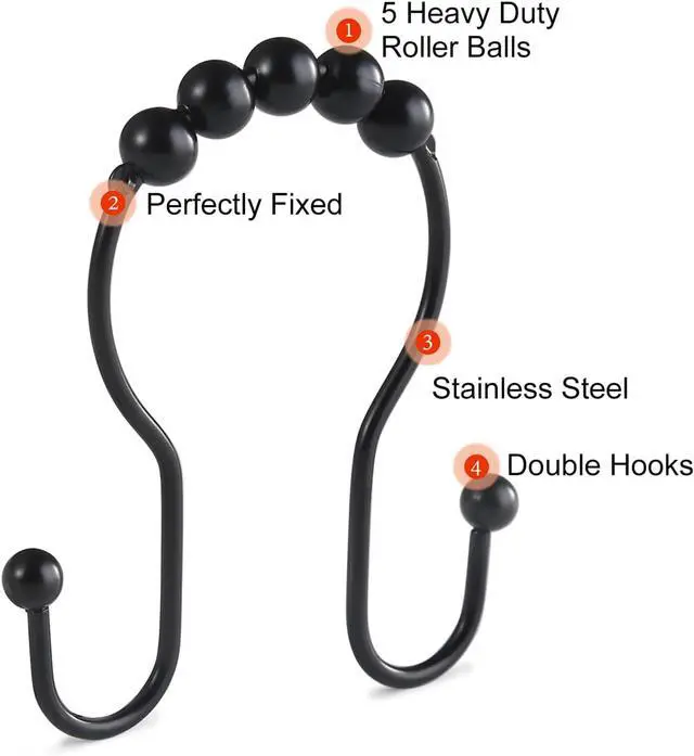 Alt view image 6 of 7 - Goowin Shower Curtain Hooks, 12 Pcs Shower Curtain Rings, Stainless Steel Black Shower Curtain Hooks, Shower Curtain Rings Rust Proof, Smooth Sliding Anti-Drop Double Shower Rings for Curtain (Black)
