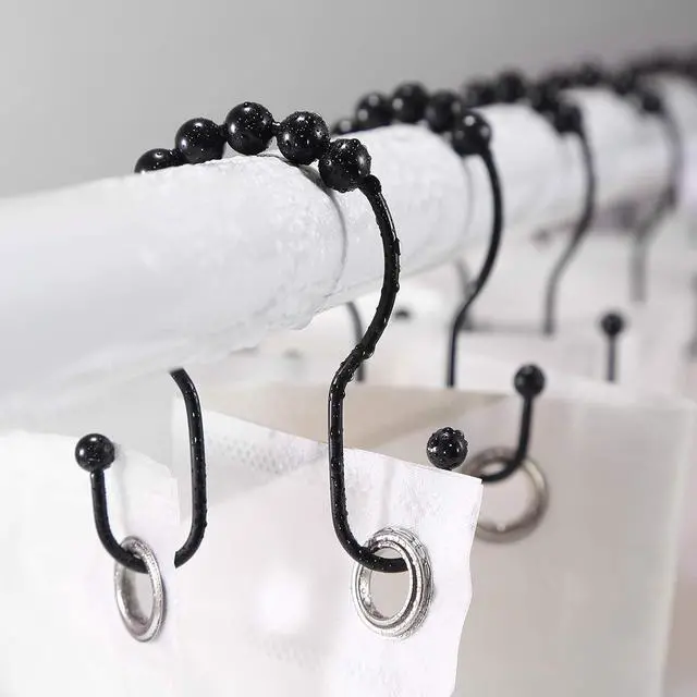 Alt view image 2 of 7 - Goowin Shower Curtain Hooks, 12 Pcs Shower Curtain Rings, Stainless Steel Black Shower Curtain Hooks, Shower Curtain Rings Rust Proof, Smooth Sliding Anti-Drop Double Shower Rings for Curtain (Black)