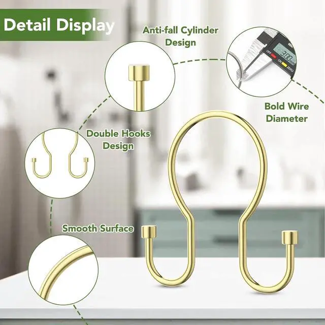 Alt view image 4 of 7 - Goowin Shower Curtain Hooks, Simple Shower Curtain Rings, Sturdy Shower Curtain Hangers, Double Hook Gold Shower Curtain Hooks, Smooth Gliding Metal Shower Hooks for Shower Curtain (Gold, 12 Pack)