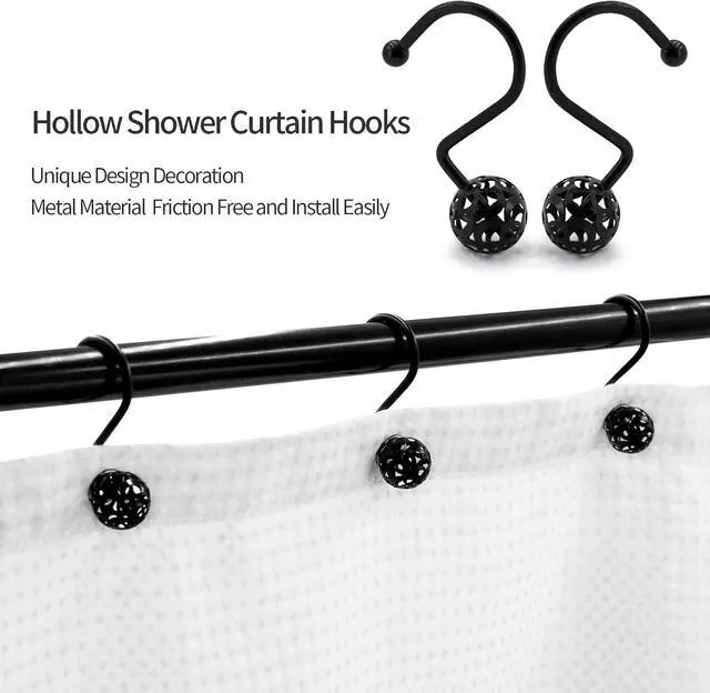 Alt view image 3 of 7 - MitoVilla Black Shower Curtain Hooks Rings, Metal Shower Hooks for Shower Curtain & Liner, Hollow Ball Rust Proof Shower Rings for Curtain Accessories and Bathroom Shower Rod