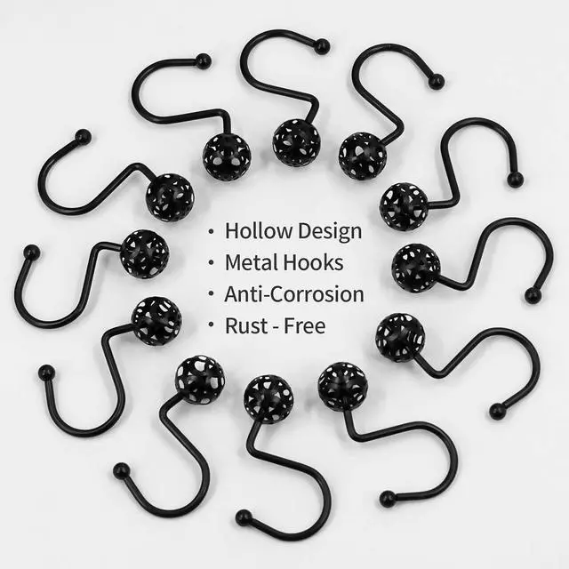 Alt view image 4 of 7 - MitoVilla Black Shower Curtain Hooks Rings, Metal Shower Hooks for Shower Curtain & Liner, Hollow Ball Rust Proof Shower Rings for Curtain Accessories and Bathroom Shower Rod