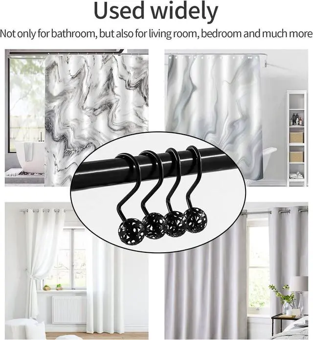 Alt view image 6 of 7 - MitoVilla Black Shower Curtain Hooks Rings, Metal Shower Hooks for Shower Curtain & Liner, Hollow Ball Rust Proof Shower Rings for Curtain Accessories and Bathroom Shower Rod