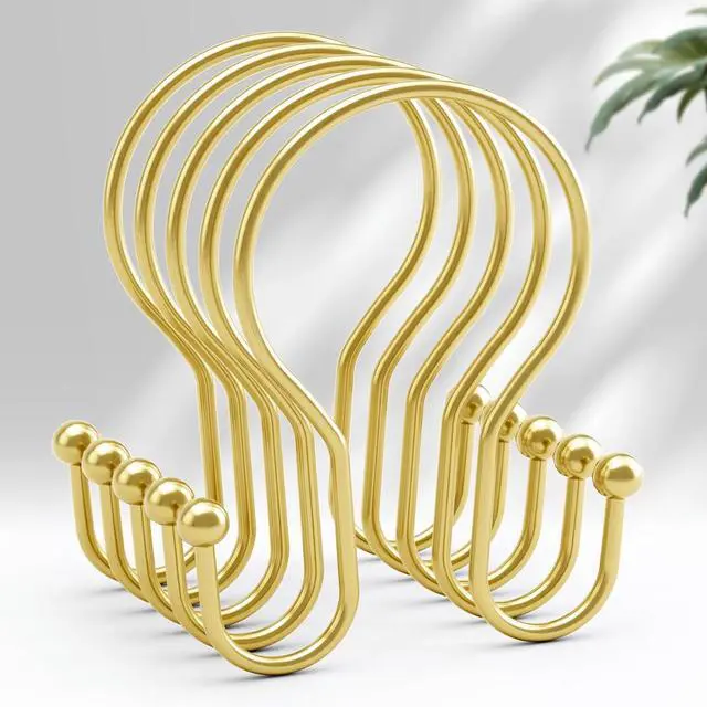 Main image of AmazerBath Shower Curtain Hooks Gold Shower Curtain Rings, Simple Double Hook Shower Curtain Hooks Rust Proof, Metal Smooth Shower Hooks for Shower Curtain Rod, 12 Pcs Shower Rod Hook Light Gold