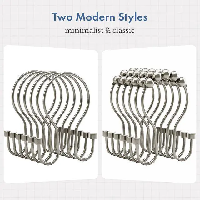Alt view image 5 of 7 - Bathway Shower Curtain Hooks Nickel Shower Curtain Rings with Cylindrical Design, 12Pcs Metal Shower Curtain Hooks Rust Proof, Smooth Glide Double Shower Hooks Rings for Shower Curtain
