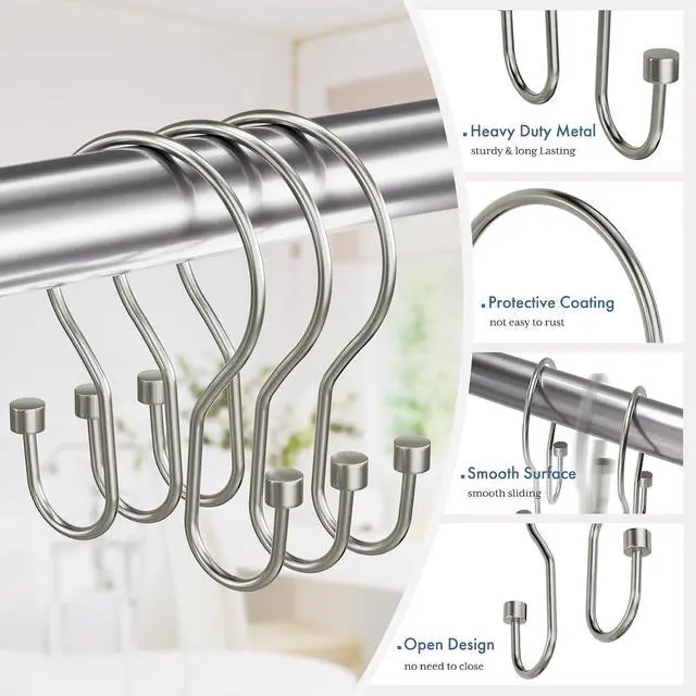Alt view image 2 of 7 - Bathway Shower Curtain Hooks Nickel Shower Curtain Rings with Cylindrical Design, 12Pcs Metal Shower Curtain Hooks Rust Proof, Smooth Glide Double Shower Hooks Rings for Shower Curtain