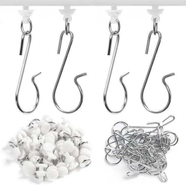 Main image of Jetec 60 Pcs Shower Curtain Track Gliders Hooks Pack of 30 Pieces Hooks and 30 Pieces Gliders for Rails and Tracks (White,Classic Style)