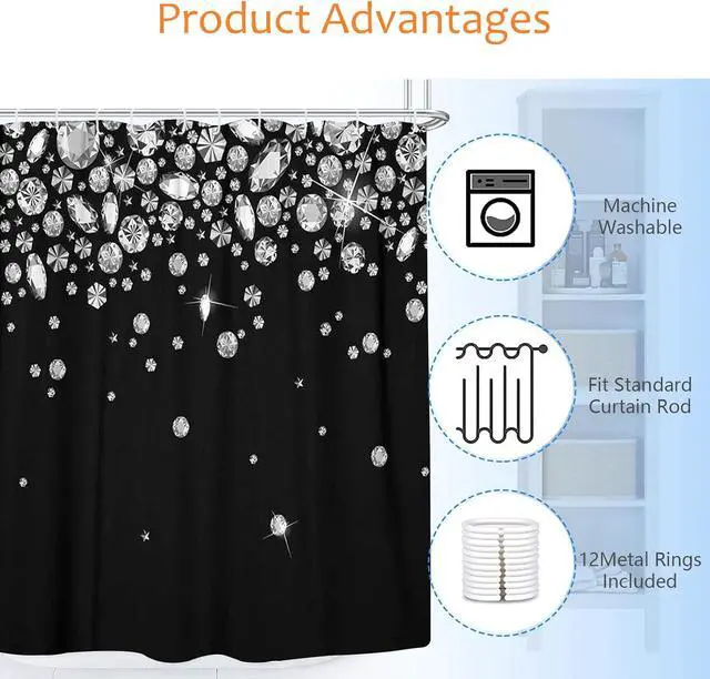 Alt view image 3 of 6 - Black Glitter Diamonds Elegant Shower Curtain Set with 12 Hooks Waterproof 3D Print Shine Jewelry Falling Shower Curtains for Bathroom Bath Curtain 68x72IN