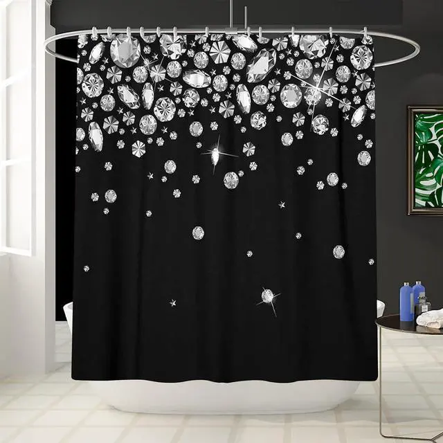 Alt view image 4 of 6 - Black Glitter Diamonds Elegant Shower Curtain Set with 12 Hooks Waterproof 3D Print Shine Jewelry Falling Shower Curtains for Bathroom Bath Curtain 68x72IN