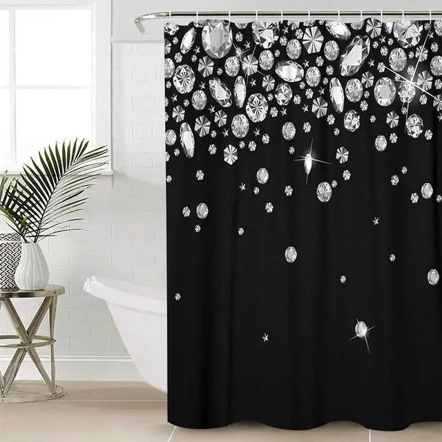 Alt view image 2 of 6 - Black Glitter Diamonds Elegant Shower Curtain Set with 12 Hooks Waterproof 3D Print Shine Jewelry Falling Shower Curtains for Bathroom Bath Curtain 68x72IN