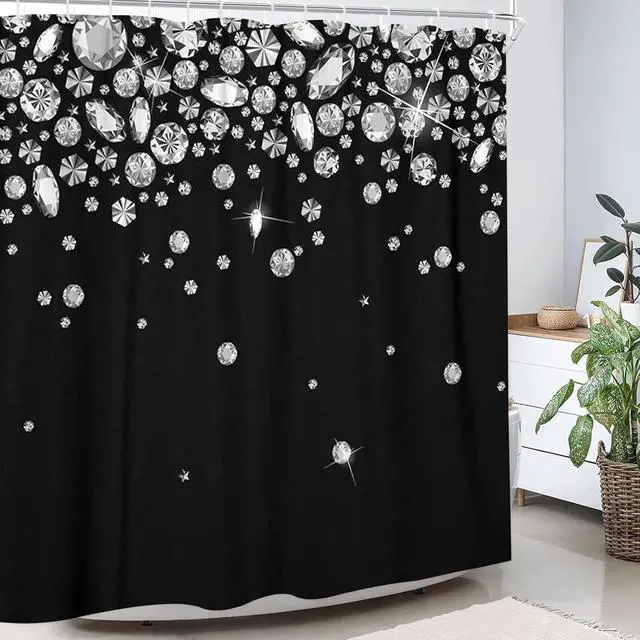 Alt view image 5 of 6 - Black Glitter Diamonds Elegant Shower Curtain Set with 12 Hooks Waterproof 3D Print Shine Jewelry Falling Shower Curtains for Bathroom Bath Curtain 68x72IN