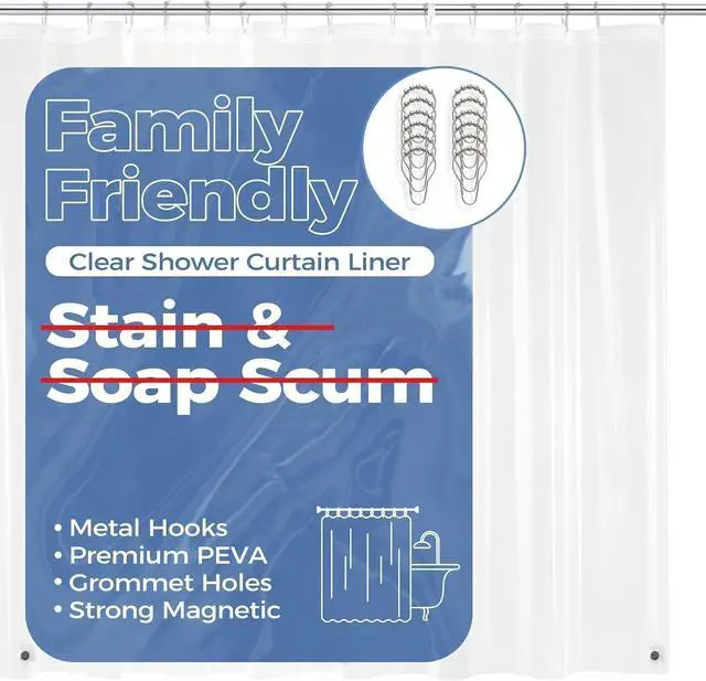 Main image of downluxe Clear Shower Curtain Liner with Hooks, Plastic Shower Liner, 72" W x 72" L Lightweight Shower Curtains for Bathroom(12 Hooks, 1PC)