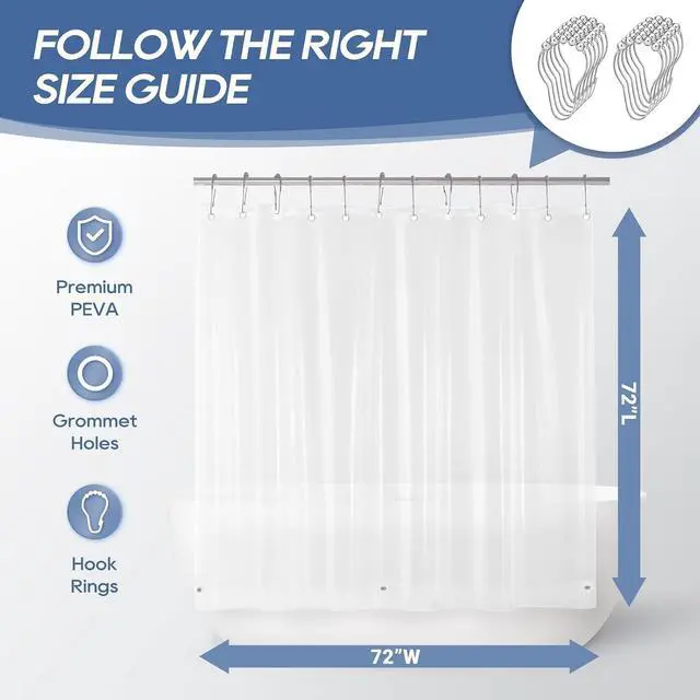 Alt view image 2 of 7 - downluxe Clear Shower Curtain Liner with Hooks, Plastic Shower Liner, 72" W x 72" L Lightweight Shower Curtains for Bathroom(12 Hooks, 1PC)