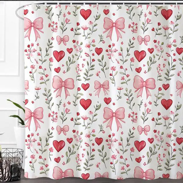 Main image of Baccessor Pink Bows Shower Curtain,Pink Love Hearts Bows Girly Shower Curtains Bathroom Bath Home Valentines Day Decor Waterproof Polyester Fabric with Hooks 72 W x72 H Inch