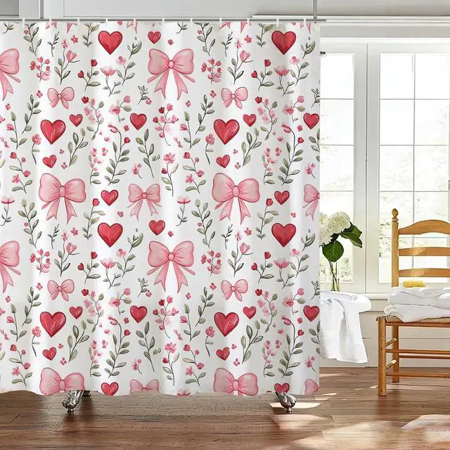 Alt view image 3 of 7 - Baccessor Pink Bows Shower Curtain,Pink Love Hearts Bows Girly Shower Curtains Bathroom Bath Home Valentines Day Decor Waterproof Polyester Fabric with Hooks 72 W x72 H Inch