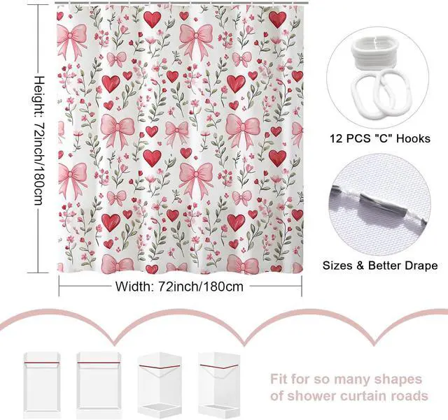 Alt view image 7 of 7 - Baccessor Pink Bows Shower Curtain,Pink Love Hearts Bows Girly Shower Curtains Bathroom Bath Home Valentines Day Decor Waterproof Polyester Fabric with Hooks 72 W x72 H Inch