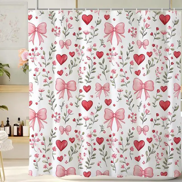 Alt view image 2 of 7 - Baccessor Pink Bows Shower Curtain,Pink Love Hearts Bows Girly Shower Curtains Bathroom Bath Home Valentines Day Decor Waterproof Polyester Fabric with Hooks 72 W x72 H Inch