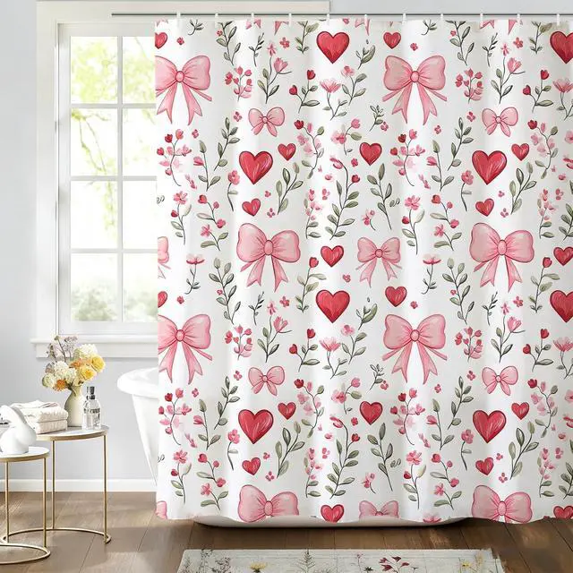 Alt view image 5 of 7 - Baccessor Pink Bows Shower Curtain,Pink Love Hearts Bows Girly Shower Curtains Bathroom Bath Home Valentines Day Decor Waterproof Polyester Fabric with Hooks 72 W x72 H Inch