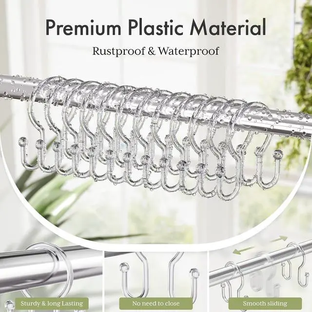 Alt view image 2 of 7 - Bathway Shower Curtain Hooks, 12Pcs Plastic Shower Hooks for Shower Curtain, Clear Double Hook Shower Curtain Hooks Rust Proof Shower Curtain Hangers