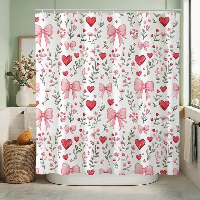 Alt view image 6 of 7 - Baccessor Pink Bows Shower Curtain,Pink Love Hearts Bows Girly Shower Curtains Bathroom Bath Home Valentines Day Decor Waterproof Polyester Fabric with Hooks 72 W x72 H Inch