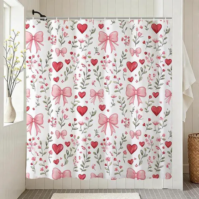 Alt view image 4 of 7 - Baccessor Pink Bows Shower Curtain,Pink Love Hearts Bows Girly Shower Curtains Bathroom Bath Home Valentines Day Decor Waterproof Polyester Fabric with Hooks 72 W x72 H Inch