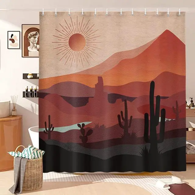Main image of Boho Western Shower Curtain Modern Southwestern Mountain Cactus Arizona Desert Sunset Shower Curtain for Bathroom Mid Century Modern Retro Aesthetic Minimalist Fabric Bath Curtain with Hooks, 69X70IN