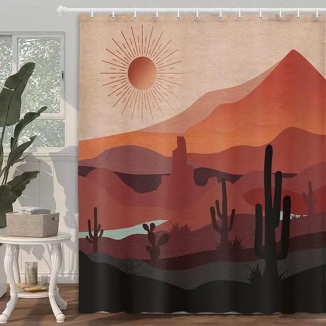 Alt view image 2 of 7 - Boho Western Shower Curtain Modern Southwestern Mountain Cactus Arizona Desert Sunset Shower Curtain for Bathroom Mid Century Modern Retro Aesthetic Minimalist Fabric Bath Curtain with Hooks, 69X70IN