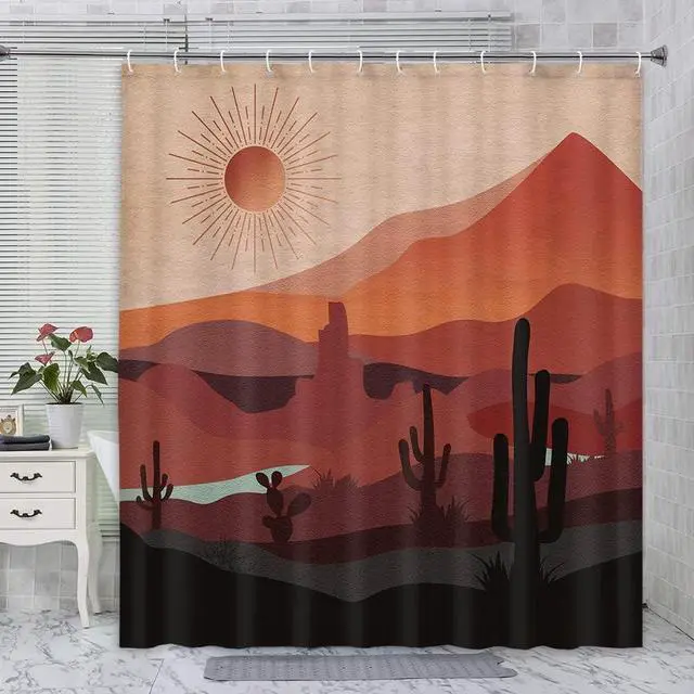 Alt view image 3 of 7 - Boho Western Shower Curtain Modern Southwestern Mountain Cactus Arizona Desert Sunset Shower Curtain for Bathroom Mid Century Modern Retro Aesthetic Minimalist Fabric Bath Curtain with Hooks, 69X70IN