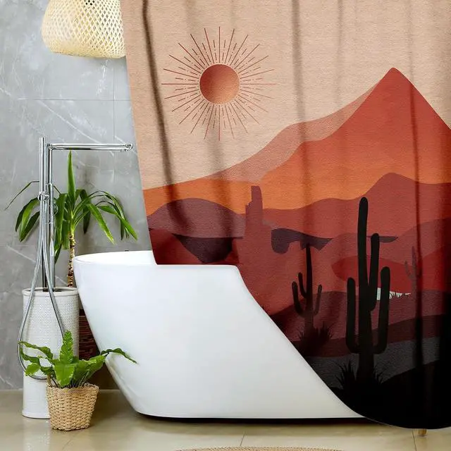 Alt view image 4 of 7 - Boho Western Shower Curtain Modern Southwestern Mountain Cactus Arizona Desert Sunset Shower Curtain for Bathroom Mid Century Modern Retro Aesthetic Minimalist Fabric Bath Curtain with Hooks, 69X70IN