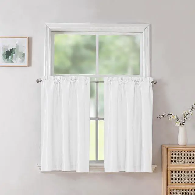 Main image of Chyhomenyc Uptown 2 PCS White Tier Curtains 24 inch Length, Faux Silk Slub Fabric Lightweight Elegant Short Cafe Curtains for Farmhouse Bathroom Bedroom Small Windows, Each 30Wx24L inch
