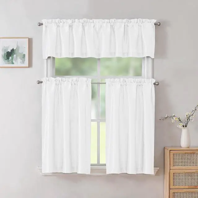 Alt view image 2 of 7 - Chyhomenyc Uptown 2 PCS White Tier Curtains 24 inch Length, Faux Silk Slub Fabric Lightweight Elegant Short Cafe Curtains for Farmhouse Bathroom Bedroom Small Windows, Each 30Wx24L inch