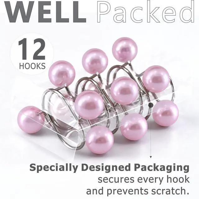 Alt view image 4 of 7 - Pink Pearl Shower Curtain Hooks: Round Decorative Curtain Rings, 12Pcs | Elegant Rustproof Hangers, Minimalist Boho Vintage Bathroom Decor, Gift for Women, Moms, Girls & Farmhouse Home Lovers