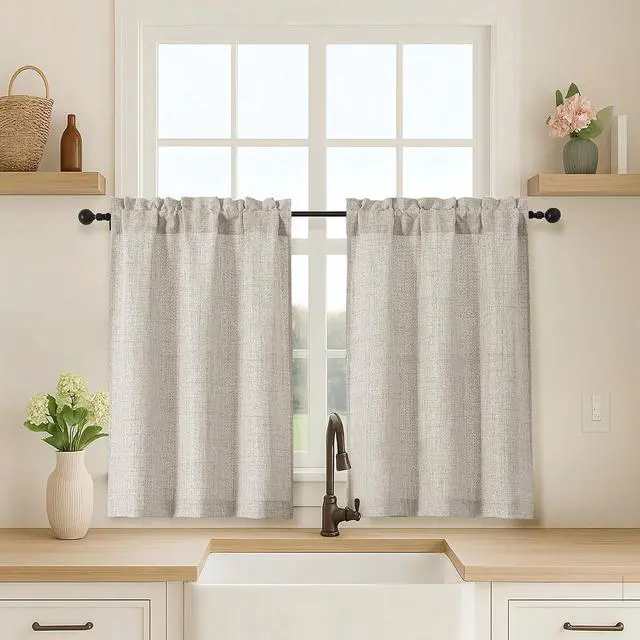 Main image of OVZME 2 Panels Kitchen Curtains 36 Inch Length, Faux Linen Textured Small Cafe Window Curtain Over Sink, Light Filtering Short Curtain Tiers for Bathroom Basement, 30x36 Inch, 2PCS, Linen Color