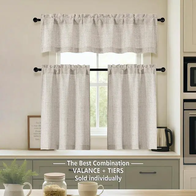 Alt view image 2 of 7 - OVZME 2 Panels Kitchen Curtains 36 Inch Length, Faux Linen Textured Small Cafe Window Curtain Over Sink, Light Filtering Short Curtain Tiers for Bathroom Basement, 30x36 Inch, 2PCS, Linen Color