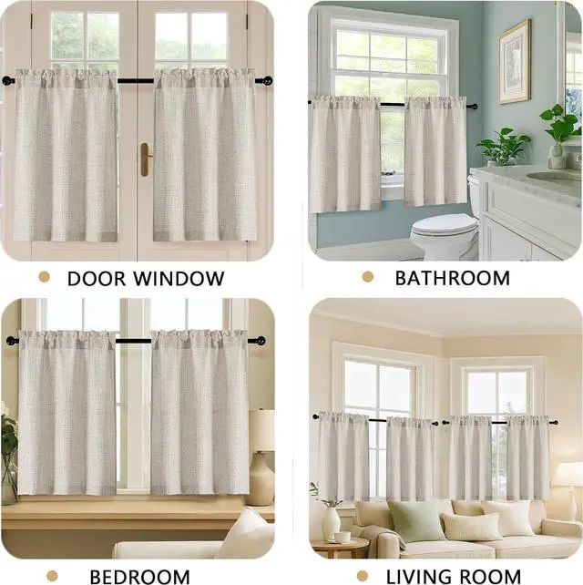Alt view image 5 of 7 - OVZME 2 Panels Kitchen Curtains 36 Inch Length, Faux Linen Textured Small Cafe Window Curtain Over Sink, Light Filtering Short Curtain Tiers for Bathroom Basement, 30x36 Inch, 2PCS, Linen Color
