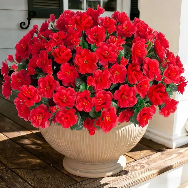 Main image of Ivydale Artificial Faux Red Flowers Plants for Outdoor Outside Spring Decor, Fake Silk Camellia UV Resistant Look Real for Planter Porch Patio Balcony Garden Table Indoor, 3 Large Bundles
