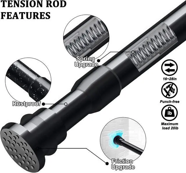 Alt view image 2 of 7 - Small Tension Curtain Rods 16 to 28 Inches, Adjustable Expandable Short Shower Rod Non-Slip Non Drill Spring Tension Rod for Windows, Closet, Kitchen, Black