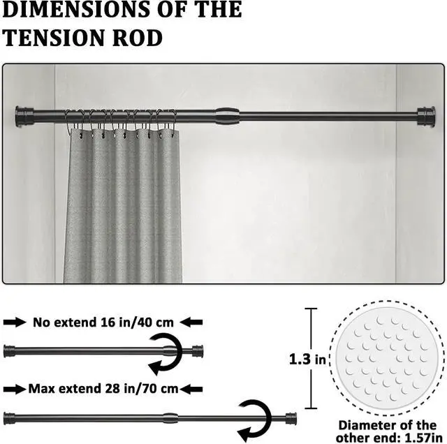 Alt view image 6 of 7 - Small Tension Curtain Rods 16 to 28 Inches, Adjustable Expandable Short Shower Rod Non-Slip Non Drill Spring Tension Rod for Windows, Closet, Kitchen, Black