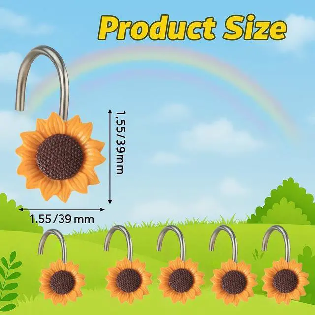 Alt view image 2 of 6 - 12-Piece Sunflower Shower Curtain Hooks Set - Resin Floral Pattern Shower Curtain Rings for Bathroom Curtains, Floral Bathroom Decor - for Standard Bath Rods
