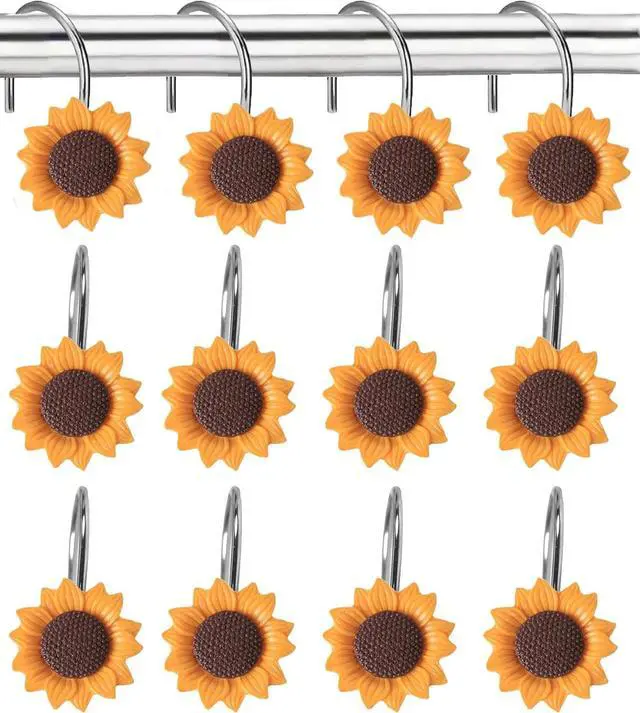 Main image of 12-Piece Sunflower Shower Curtain Hooks Set - Resin Floral Pattern Shower Curtain Rings for Bathroom Curtains, Floral Bathroom Decor - for Standard Bath Rods
