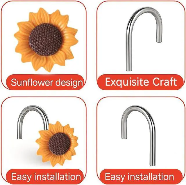 Alt view image 3 of 6 - 12-Piece Sunflower Shower Curtain Hooks Set - Resin Floral Pattern Shower Curtain Rings for Bathroom Curtains, Floral Bathroom Decor - for Standard Bath Rods