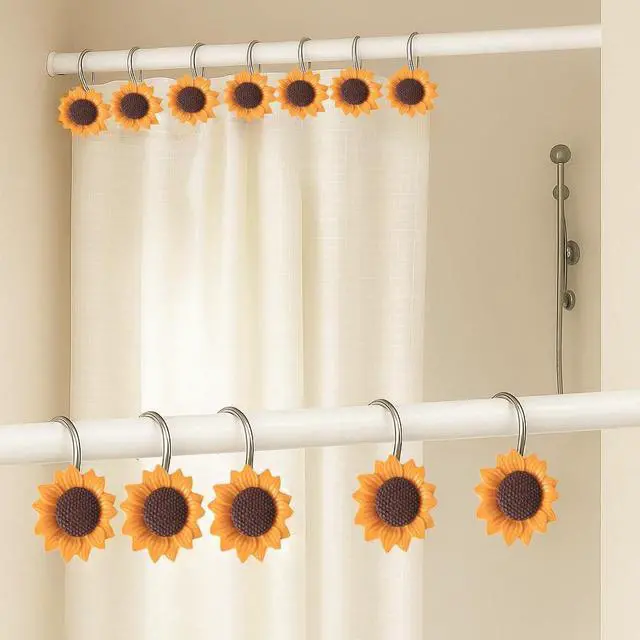 Alt view image 4 of 6 - 12-Piece Sunflower Shower Curtain Hooks Set - Resin Floral Pattern Shower Curtain Rings for Bathroom Curtains, Floral Bathroom Decor - for Standard Bath Rods