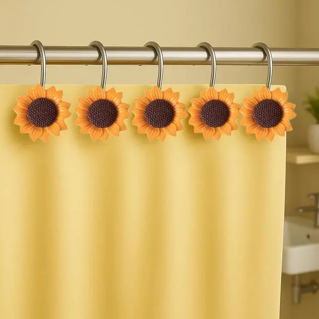 Alt view image 6 of 6 - 12-Piece Sunflower Shower Curtain Hooks Set - Resin Floral Pattern Shower Curtain Rings for Bathroom Curtains, Floral Bathroom Decor - for Standard Bath Rods