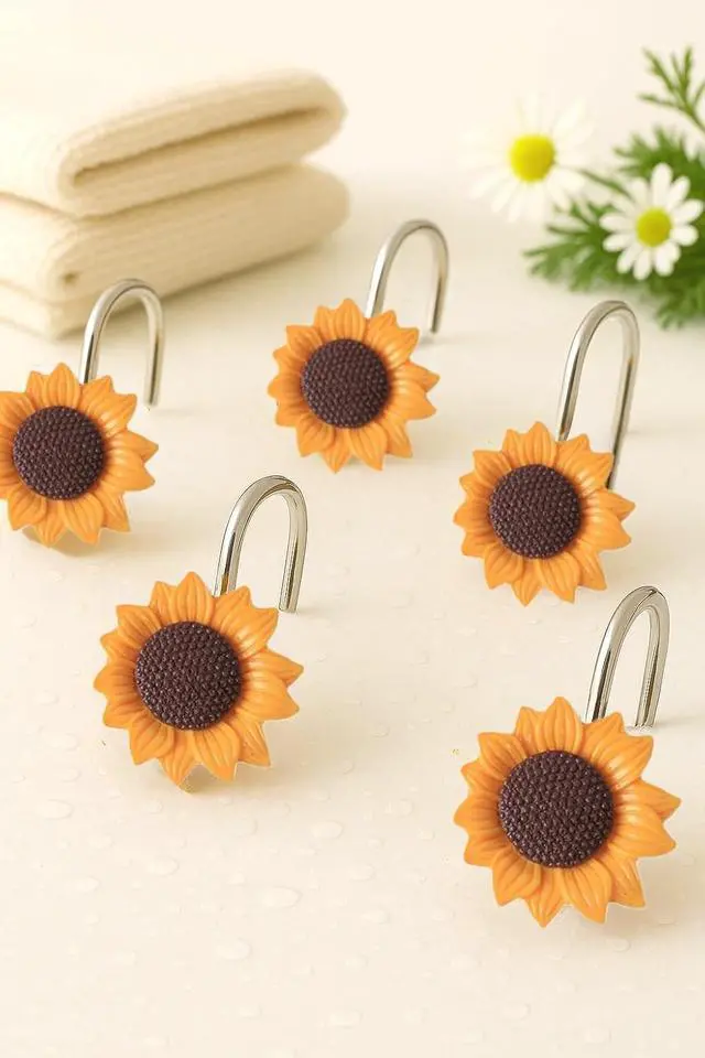 Alt view image 5 of 6 - 12-Piece Sunflower Shower Curtain Hooks Set - Resin Floral Pattern Shower Curtain Rings for Bathroom Curtains, Floral Bathroom Decor - for Standard Bath Rods