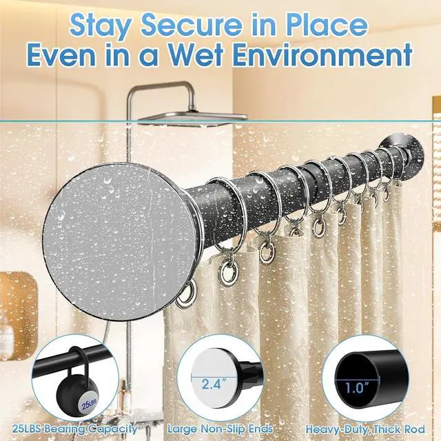 Alt view image 3 of 7 - TasticTotes Shower Curtain Rod, 1" Adjustable Tension Curtain Rod, Black | 30-64 inch No Drill Installation Shower Rod for Bathroom, Stainless Steel Rod, Anti-slip, Easy to Use