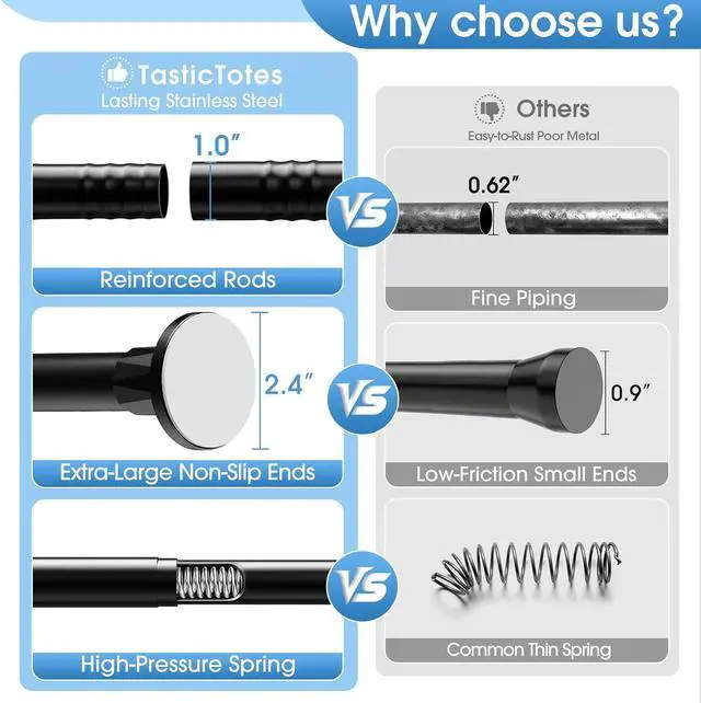 Alt view image 4 of 7 - TasticTotes Shower Curtain Rod, 1" Adjustable Tension Curtain Rod, Black | 30-64 inch No Drill Installation Shower Rod for Bathroom, Stainless Steel Rod, Anti-slip, Easy to Use