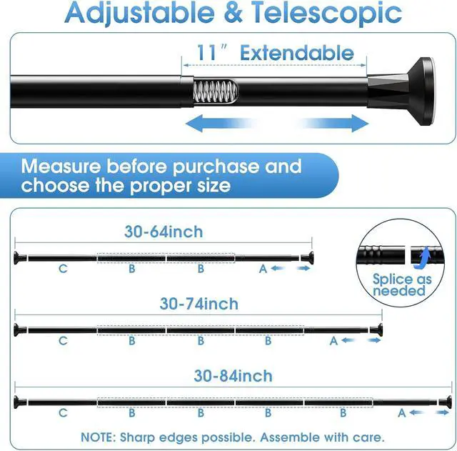 Alt view image 2 of 7 - TasticTotes Shower Curtain Rod, 1" Adjustable Tension Curtain Rod, Black | 30-64 inch No Drill Installation Shower Rod for Bathroom, Stainless Steel Rod, Anti-slip, Easy to Use