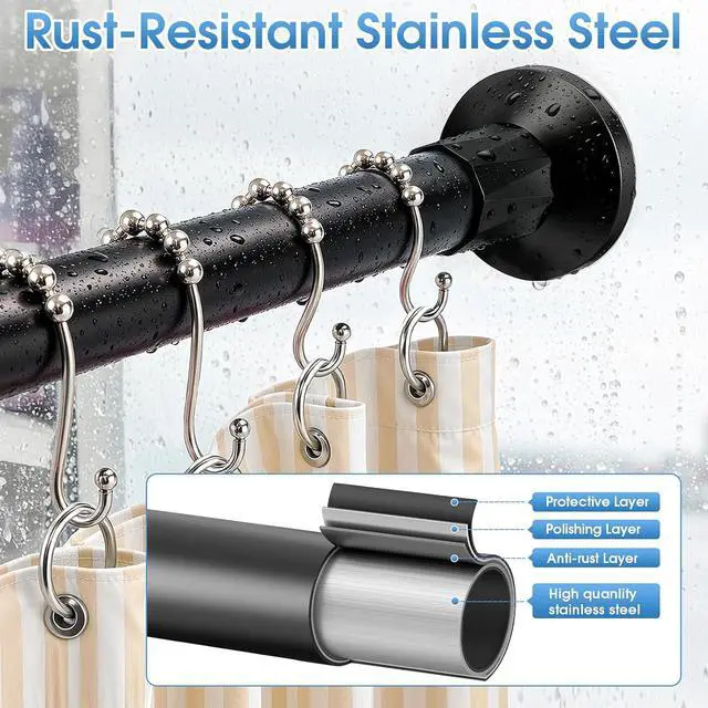 Alt view image 5 of 7 - TasticTotes Shower Curtain Rod, 1" Adjustable Tension Curtain Rod, Black | 30-64 inch No Drill Installation Shower Rod for Bathroom, Stainless Steel Rod, Anti-slip, Easy to Use