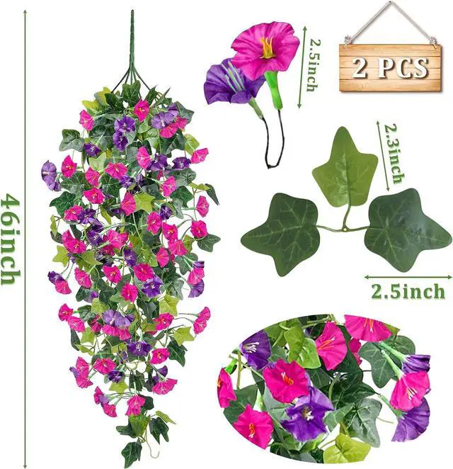 Alt view image 2 of 6 - Artificial Fake Hanging Flowers Plants, Faux Silk Morning Glory with Ivy Vines, UV Resistant Realistic Outdoor Outside Decor for Porch Patio Spring Summer Home Decoration (Purple Fuchsia)